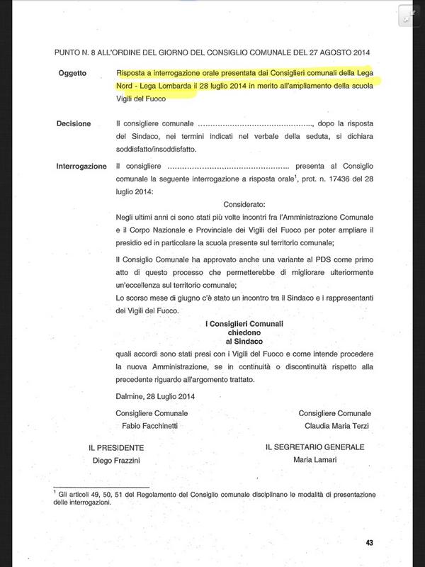 Punto 8: interrogazione della Lega in merito all'ampliamento della scuola vigili del fuoco #opendalmine http://t.co/CnCcpsQaoV